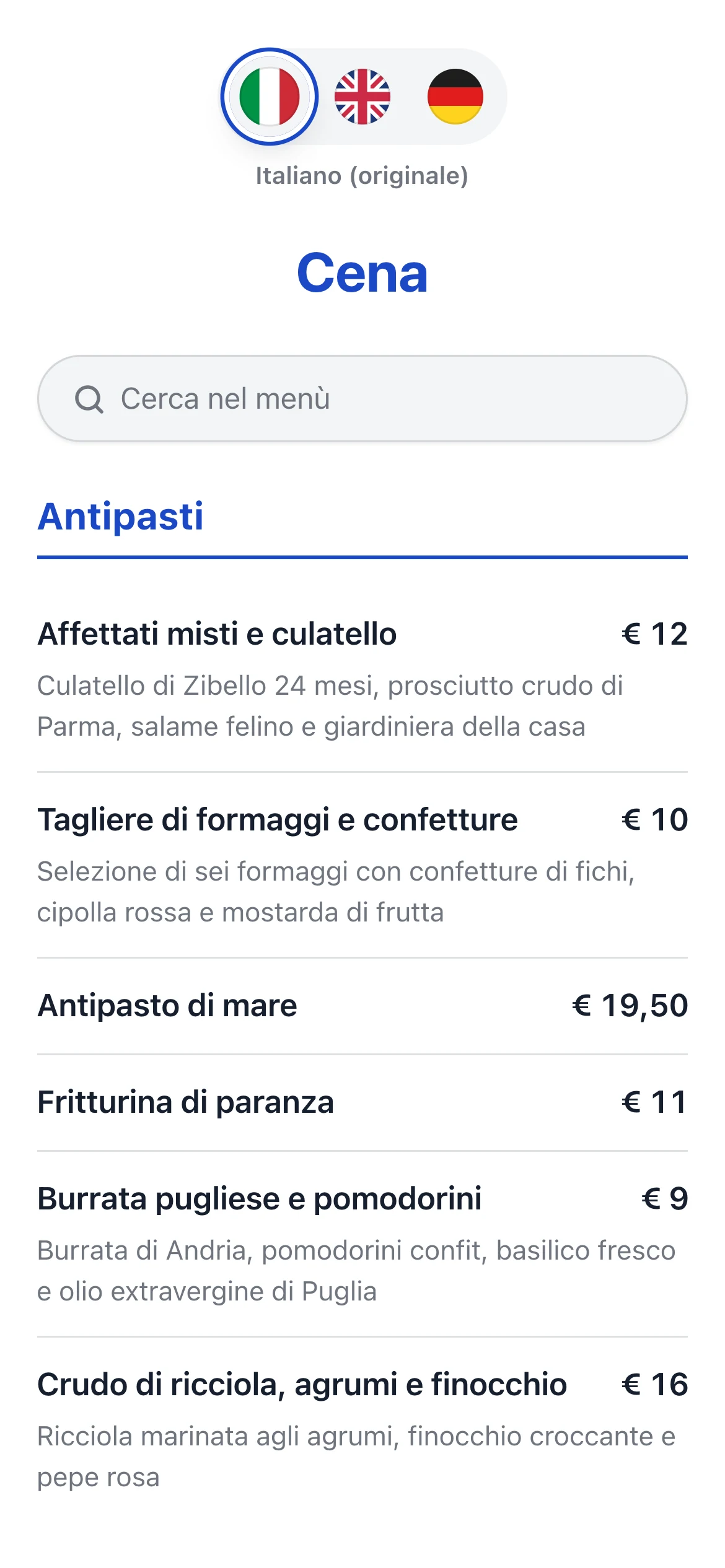 Il menù digitale del ristorante sul telefono del cliente