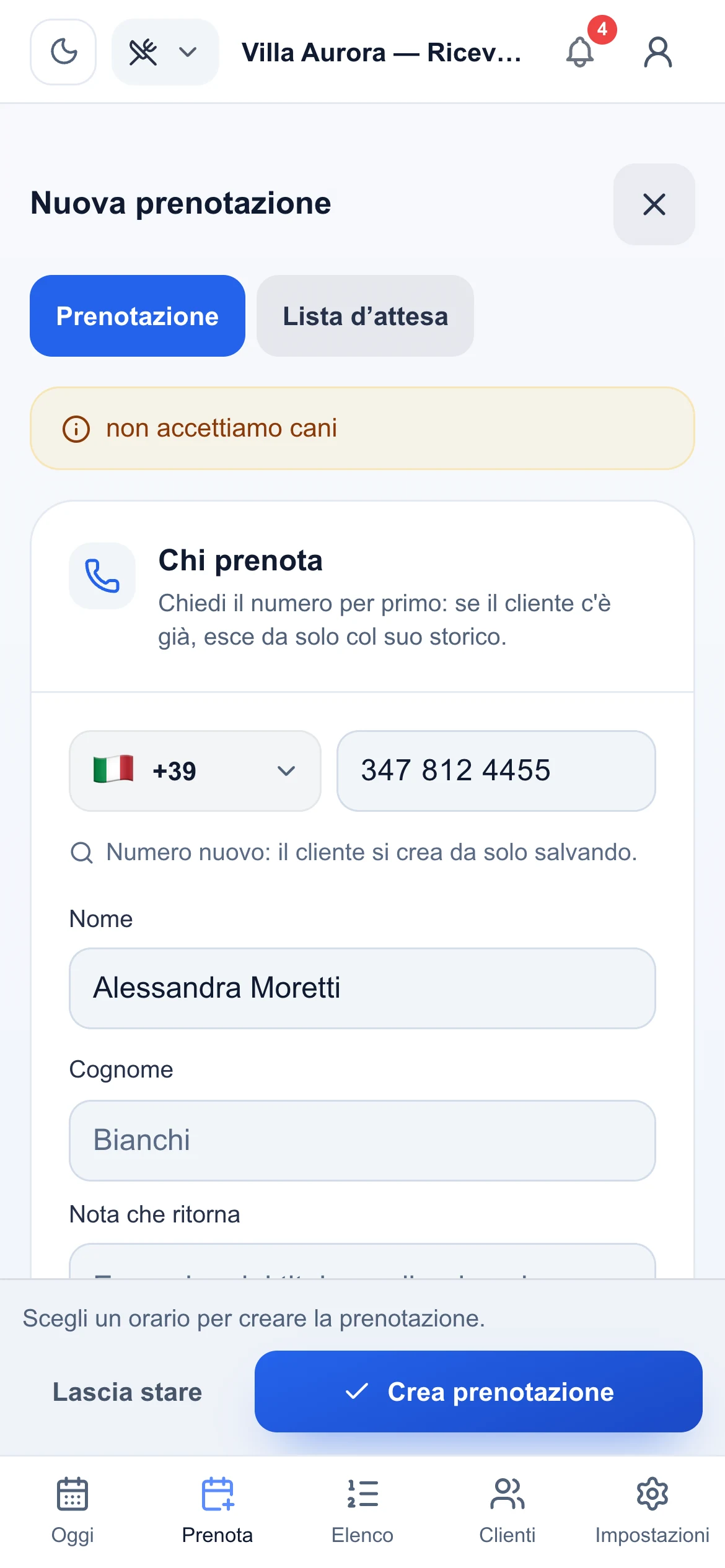 Una nuova prenotazione dal telefono: si parte dal numero