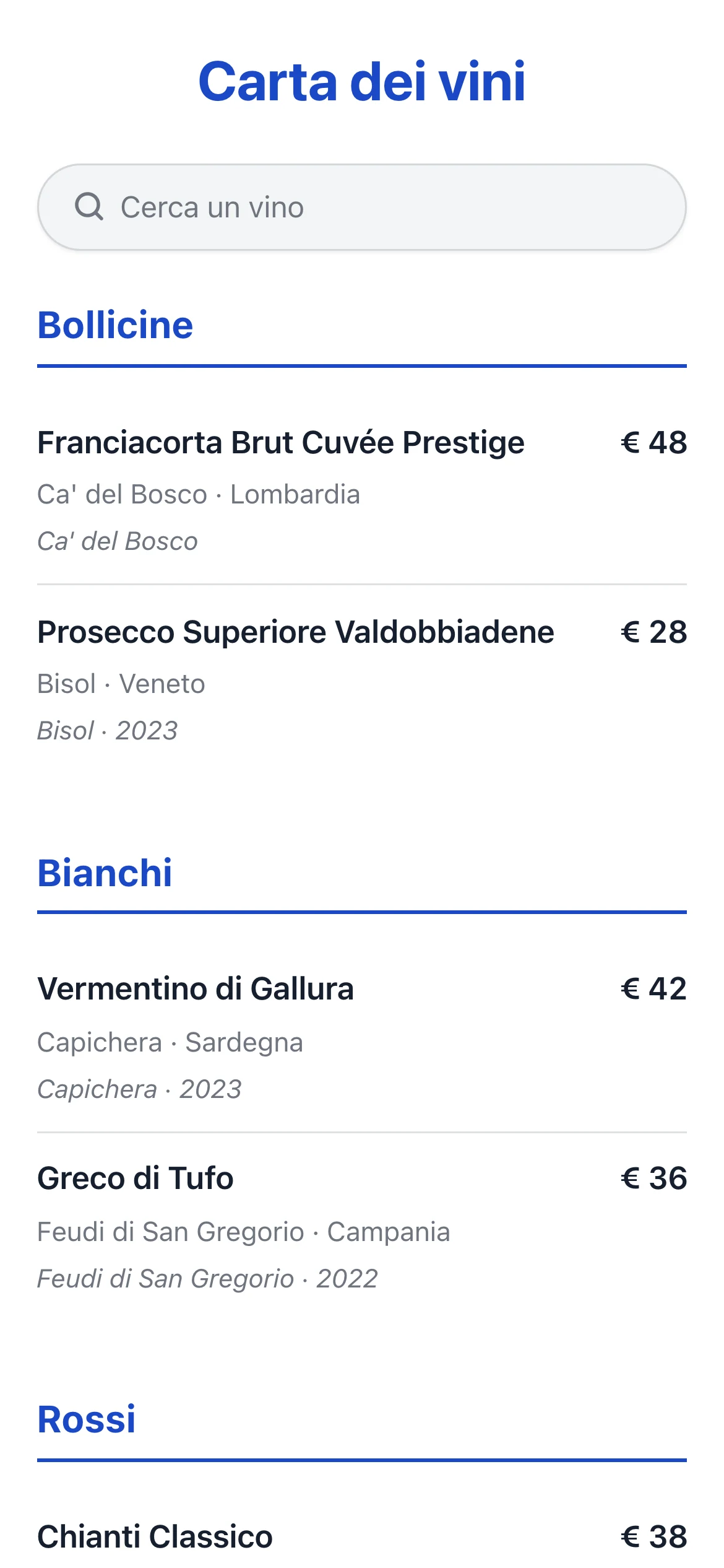La carta dei vini sul telefono del cliente